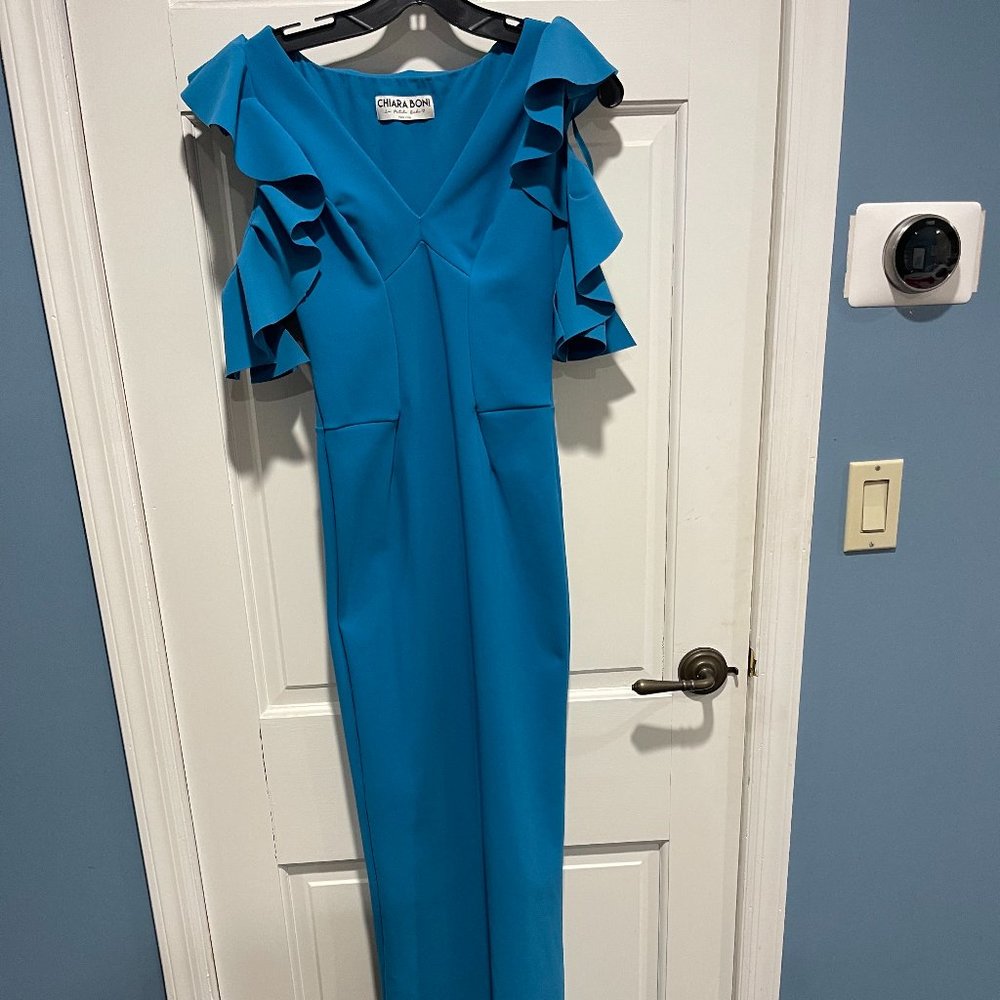 Chiara Boni La Petite Robe Elegant Blue Cold-Shoulder Ruffle Gown